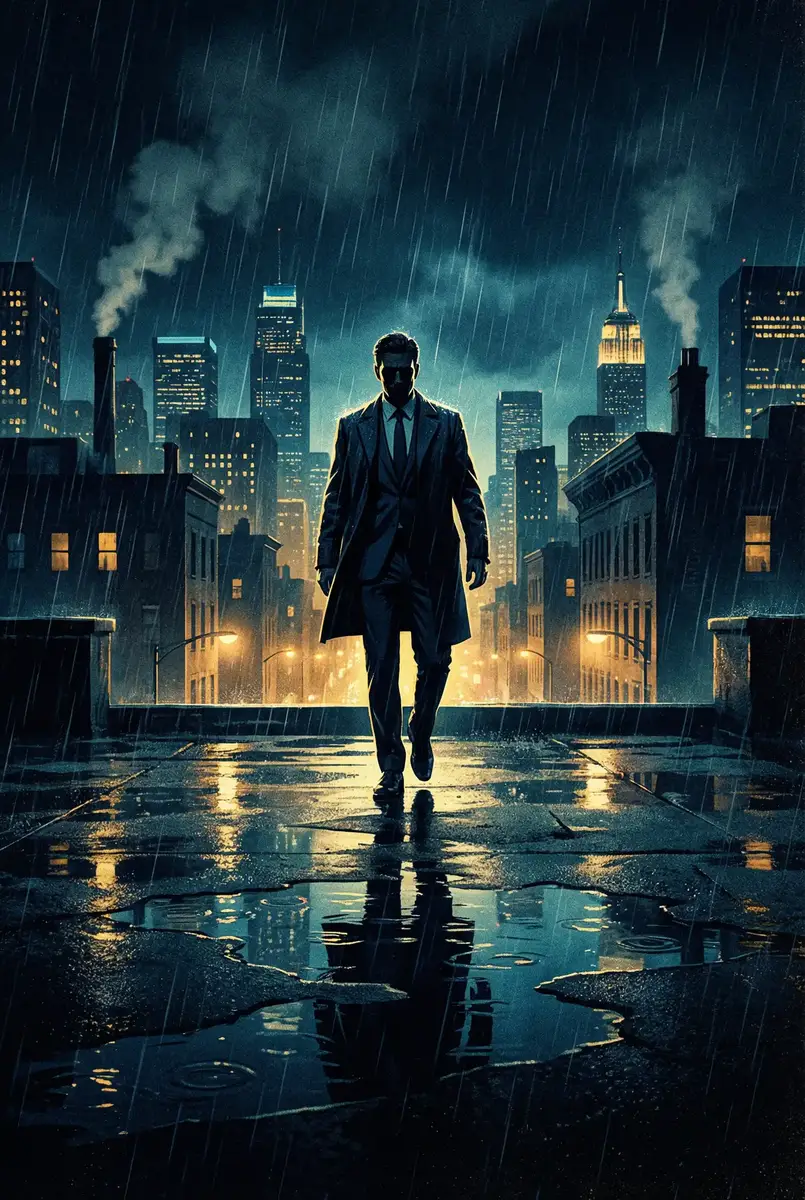 辛尤里 出品影片《雨夜独行者》海报，雨中城市屋顶男性剪影